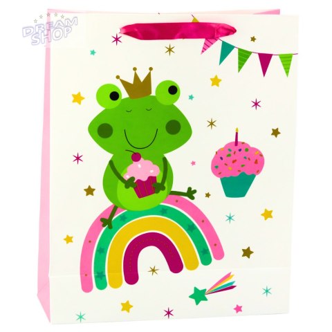 Torba Prezentowa Żaba z Koroną Tęcza Biało Różowa 32x26x10cm