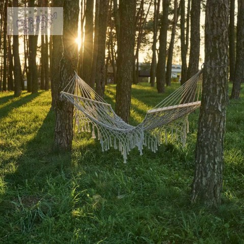Hamak ogrodowy boho siatka frędzle leżak wiszący makrama 200cm szary Hamak ogrodowy boho siatka frędzle leżak wiszący makrama 200cm szary