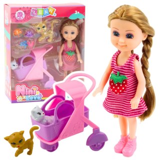 Mini Lalka Z Akcesoriami Wózek Kotki Zestaw Laleczka Różowa