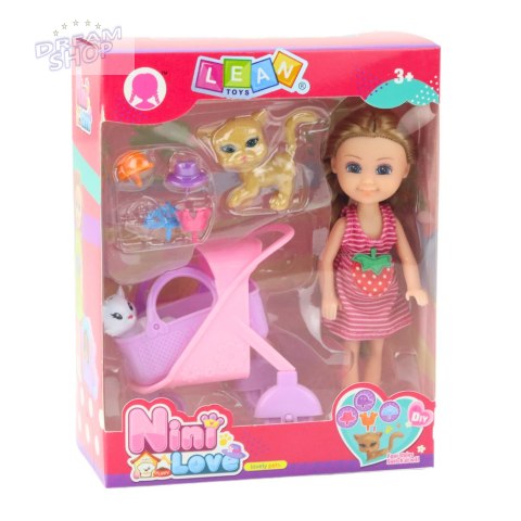 Mini Lalka Z Akcesoriami Wózek Kotki Zestaw Laleczka Różowa
