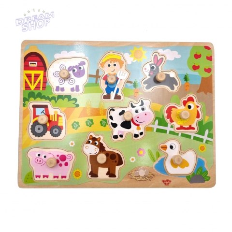 WOOPIE GREEN Drewniane Puzzle Montessori Farma z Pinezkami Do Dopasowania