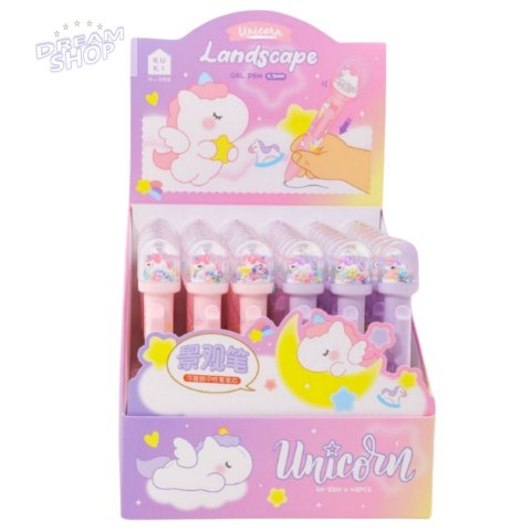 Długopis Z Kopułą Brokat Figurka Jednorożca Niebieski Tusz 0.5mm Długopis Z Kopułą Brokat Figurka Jednorożca Niebieski Tusz 0.5mm