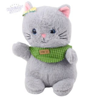 Pluszowa Maskotka Przytulanka Kot Szary Zielona Apaszka Kokardka 22cm