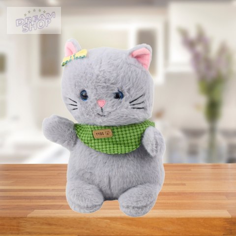 Pluszowa Maskotka Przytulanka Kot Szary Zielona Apaszka Kokardka 22cm