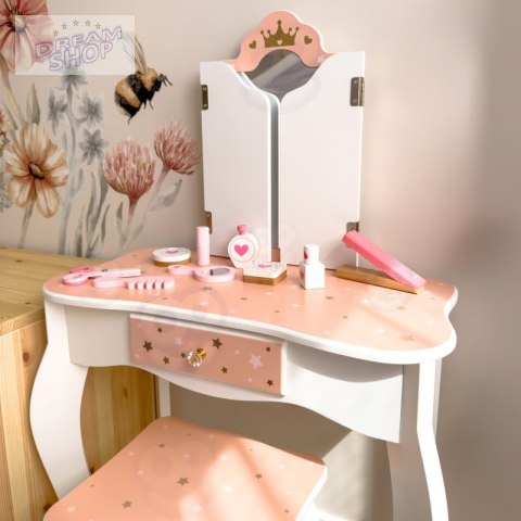 TOOKY TOY Drewniana Toaletka z Krzesełkiem Składane Lusterko Akcesoria 15 el.