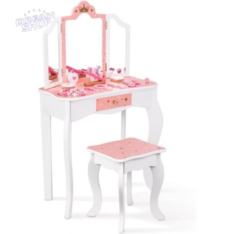 TOOKY TOY Drewniana Toaletka z Krzesełkiem Składane Lusterko Akcesoria 15 el.