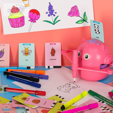 Robot edukacyjny interaktywny nauka rysowania pisania zestaw fiszki mazaki różowy Robot edukacyjny interaktywny nauka rysowania pisania zestaw fiszki mazaki różowy