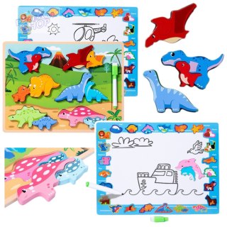 Układanka Tablica 2w1 Drewniana Edukacyjna Pisak Dinozaury 12el