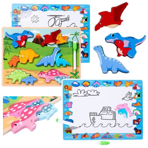 Układanka Tablica 2w1 Drewniana Edukacyjna Pisak Dinozaury 12el