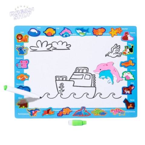 Układanka Tablica 2w1 Drewniana Edukacyjna Pisak Dinozaury 12el