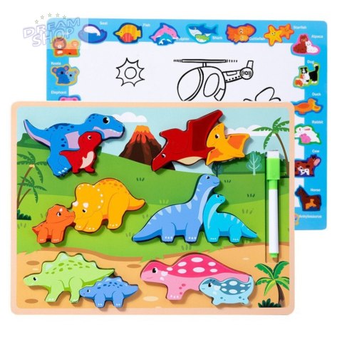 Układanka Tablica 2w1 Drewniana Edukacyjna Pisak Dinozaury 12el