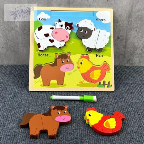 Układanka Tablica 2w1 Drewniana Edukacyjna Zwierzęta Domowe Pisak