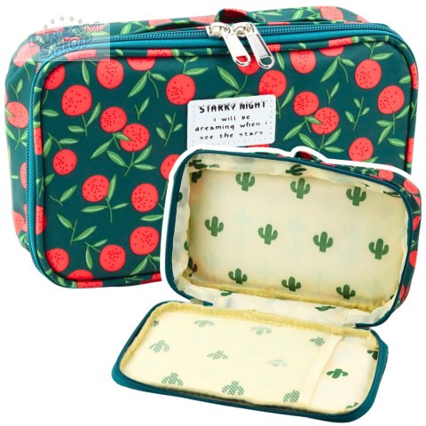 Piórnik Szkolny Organizer Kosmetyczka Kieszonka Wiśnie Zielony 22,5cm Piórnik Szkolny Organizer Kosmetyczka Kieszonka Wiśnie Zielony 22,5cm