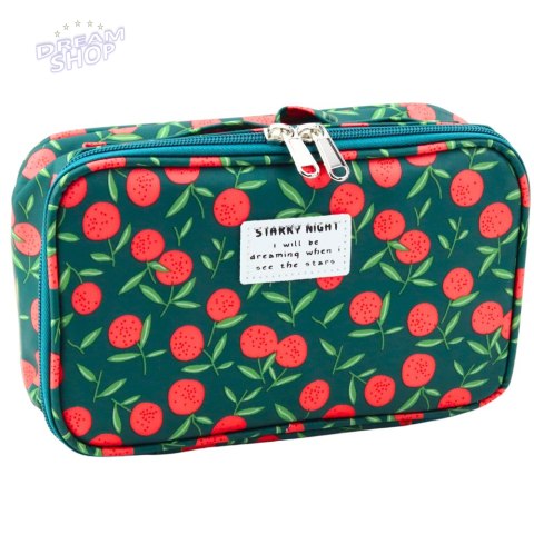 Piórnik Szkolny Organizer Kosmetyczka Kieszonka Wiśnie Zielony 22,5cm Piórnik Szkolny Organizer Kosmetyczka Kieszonka Wiśnie Zielony 22,5cm