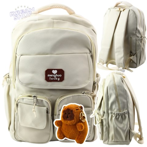 Plecak Miejski Szkolny Kapibara Brelok Przypinki Beżowy Kremowy 25L 42cm Plecak Miejski Szkolny Kapibara Brelok Przypinki Beżowy Kremowy 25L 42cm