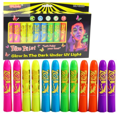 Zestaw Do Malowania Twarzy Pisaki Kredki Neonowe UV Fluorescencyjne 12szt