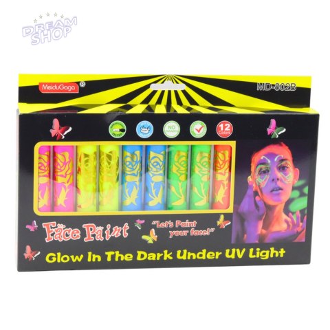Zestaw Do Malowania Twarzy Pisaki Kredki Neonowe UV Fluorescencyjne 12szt