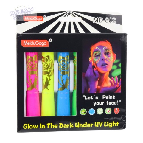 Zestaw Do Malowania Twarzy Pisaki Kredki Neonowe UV Fluorescencyjne 6szt Zestaw Do Malowania Twarzy Pisaki Kredki Neonowe UV Fluorescencyjne 6szt