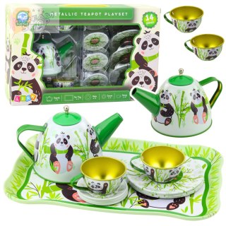 Zestaw Do Herbaty Metalowy Dzbanek Filiżanka Talerzyki Panda Zielony 14el