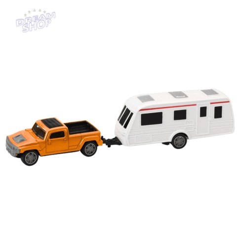 Zestaw Samochód Metalowy Z Kamperem Przyczepa Pomarańczowy