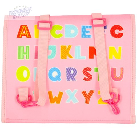 Tablica manipulacyjna sensoryczna montessori walizka plecak różowa Tablica manipulacyjna sensoryczna montessori walizka plecak różowa