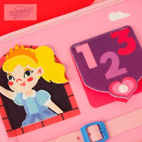 Tablica manipulacyjna sensoryczna montessori walizka plecak różowa Tablica manipulacyjna sensoryczna montessori walizka plecak różowa