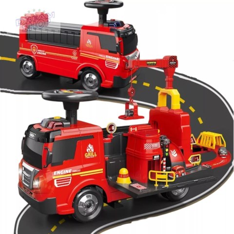Jeździk 2w1 straż pożarna + 4 autka rozkładany parking dźwig dźwięk ZH914
