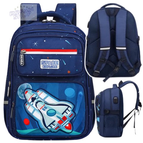Plecak Szkolny Dziecięcy Pas Piersiowy Granatowy Rakieta Kosmos 20L 41cm Plecak Szkolny Dziecięcy Pas Piersiowy Granatowy Rakieta Kosmos 20L 41cm