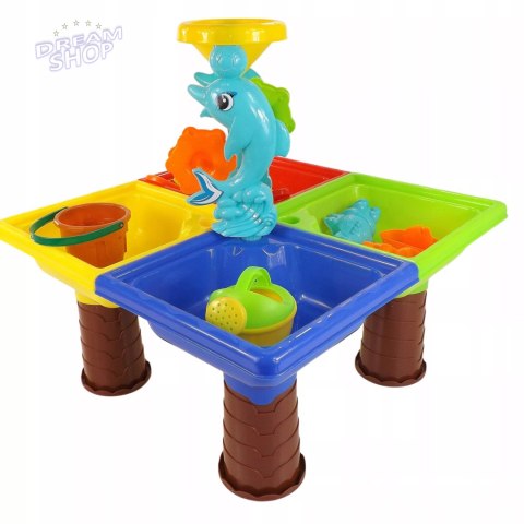 Stolik do piasku i do wody delfin młyn łopatka grabki foremki 25 el 9829 Stolik do piasku i do wody delfin młyn łopatka grabki foremki 25 el 9829