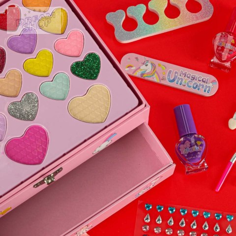 Kuferek zestaw kosmetyków do makijażu i paznokci makeup kosmetyki cienie lakiery szuflady jednorożec Kuferek zestaw kosmetyków do makijażu i paznokci makeup kosmetyki cienie lakiery szuflady jednorożec