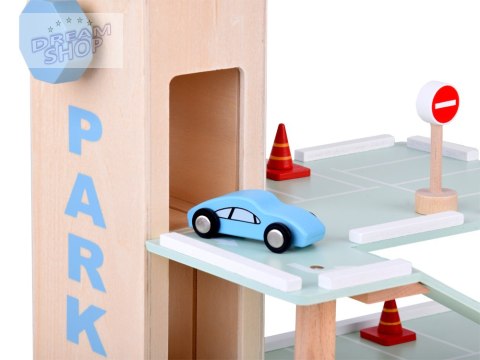 Piętrowy parking drewniany WINDA zjazdy autka znaki duży zestaw ZA5615