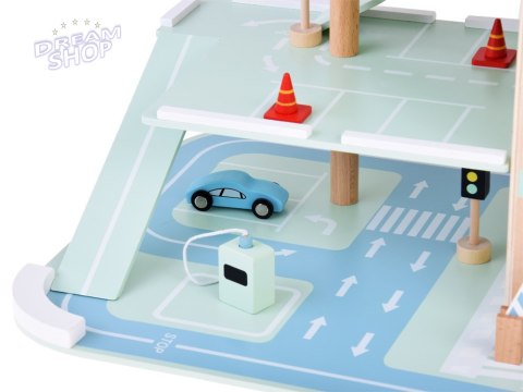 Piętrowy parking drewniany WINDA zjazdy autka znaki duży zestaw ZA5615