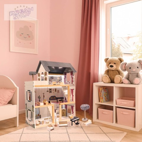 Domek dla lalek MDF drewniany z akcesoriami LED 78cm czarny