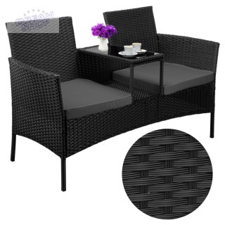 Ławka ogrodowa z technorattanu sofa CORDOBA czarna z szarymi poduszkami