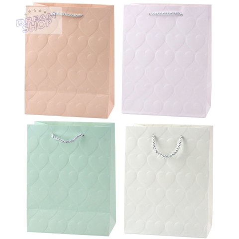 Torba Prezentowa Elegancka Tłoczone Serca Pastelowa 23 x 18 x 10,5 cm