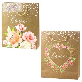 Torba Prezentowa Napis Love Kwiaty Brokat 32 x 26 x 10 cm
