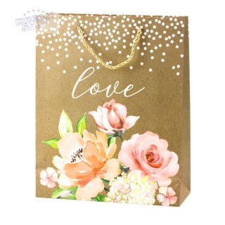 Torba Prezentowa Napis Love Kwiaty Brokat 32 x 26 x 10 cm