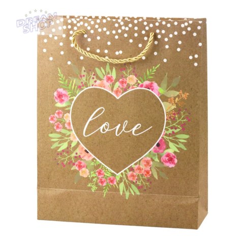 Torba Prezentowa Napis Love Kwiaty Brokat 32 x 26 x 10 cm