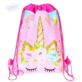 Worek Szkolny Na Buty Strój Gimnastyczny Jednorożec Kwiaty Różowy 35x27cm