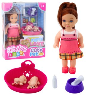 Zestaw Mini Laleczka Z Dwoma Szczeniaczkami Legowisko Miska Butelka