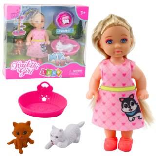 Zestaw Mini Laleczka Z Pieskiem i Kotkiem Legowisko Miska Z Jedzeniem