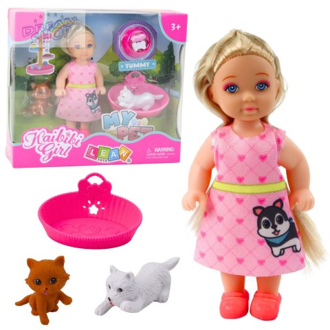Zestaw Mini Laleczka Z Pieskiem i Kotkiem Legowisko Miska Z Jedzeniem