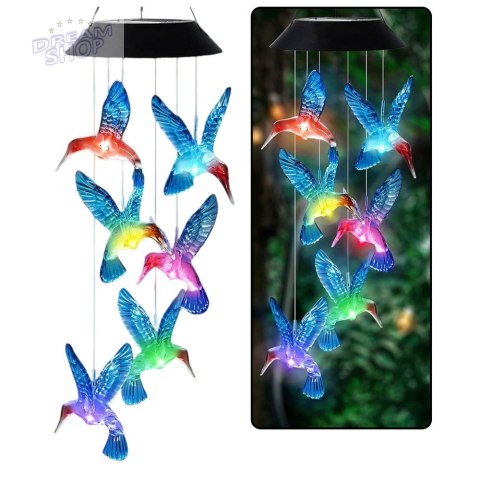 Lampki Solarne Ogrodowe LED Dzwonki Kolibry Niebieskie 70cm