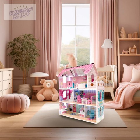 Domek dla lalek Drewniany MDF RÓŻOWA Villa Mebelki 70 cm LED