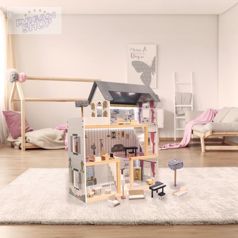 Domek dla lalek MDF drewniany z akcesoriami LED 78cm czarny