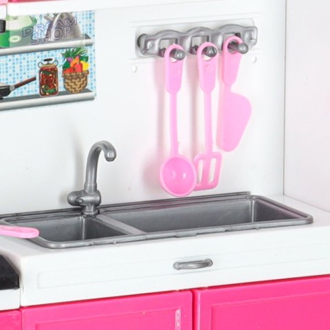 Kuchnia z akcesoriami dla lalek zmywarka lodówka różowa