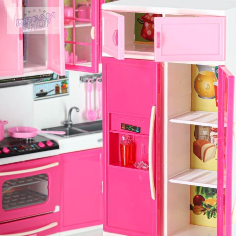 Kuchnia z akcesoriami dla lalek zmywarka lodówka różowa
