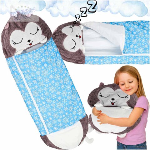 Śpiwór do spania dla dzieci turystyczny poduszka 2w1 135x50cm niebieski