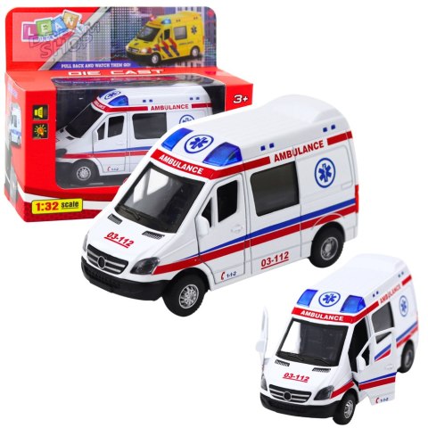 Karetka Ambulans Metalowy Z Napędem Pull Back Światła Dźwięki Biały 1:32