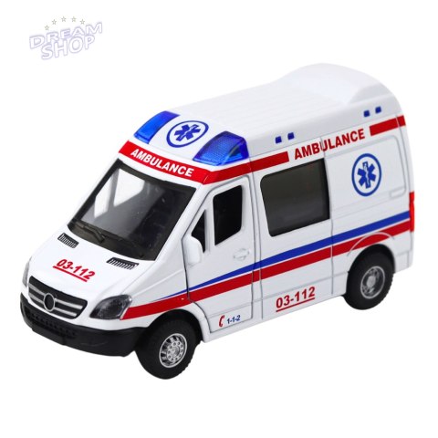 Karetka Ambulans Metalowy Z Napędem Pull Back Światła Dźwięki Biały 1:32